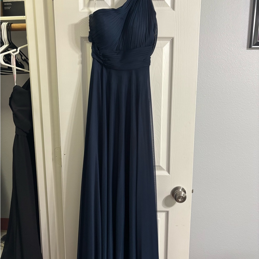 Azazie Blue Pleated One-Shoulder Gown